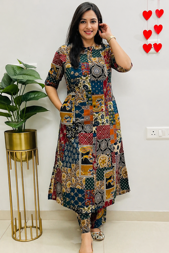 MultiColor Patchwork Printed Cotton A-Line Kurti with Pant Set