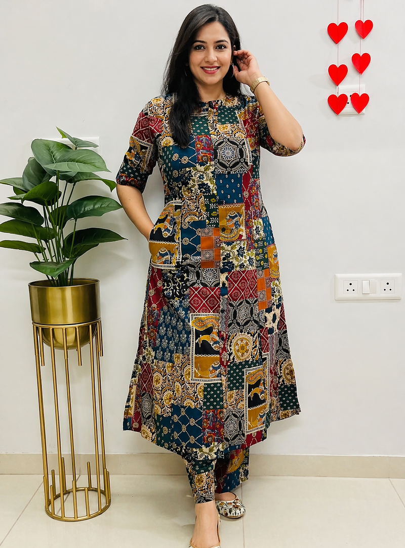MultiColor Patchwork Printed Cotton A-Line Kurti with Pant Set