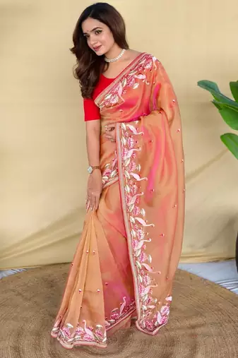 Peach art silk  woven saree