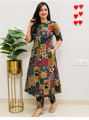 MultiColor Patchwork Printed Cotton A-Line Kurti with Pant Set 2