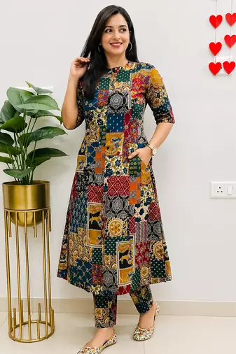 MultiColor Patchwork Printed Cotton A-Line Kurti with Pant Set