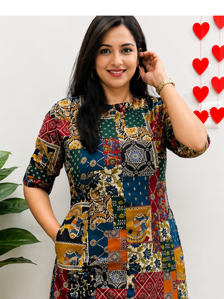 MultiColor Patchwork Printed Cotton A-Line Kurti with Pant Set 3