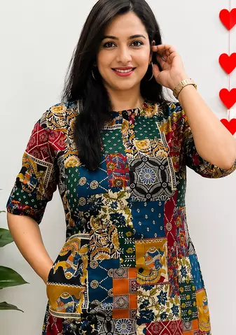 MultiColor Patchwork Printed Cotton A-Line Kurti with Pant Set
