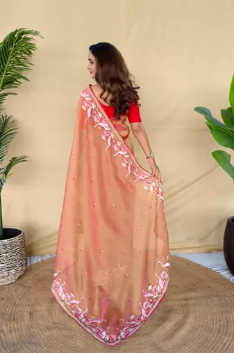 Peach art silk  woven saree