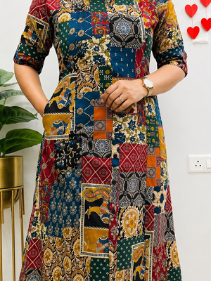 MultiColor Patchwork Printed Cotton A-Line Kurti with Pant Set 4