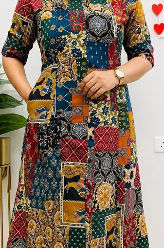 MultiColor Patchwork Printed Cotton A-Line Kurti with Pant Set