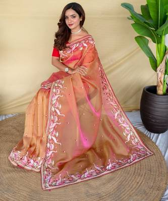 Peach art silk  woven saree 4