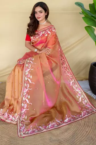 Peach art silk  woven saree