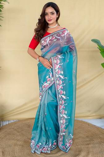 Teal art silk  woven saree