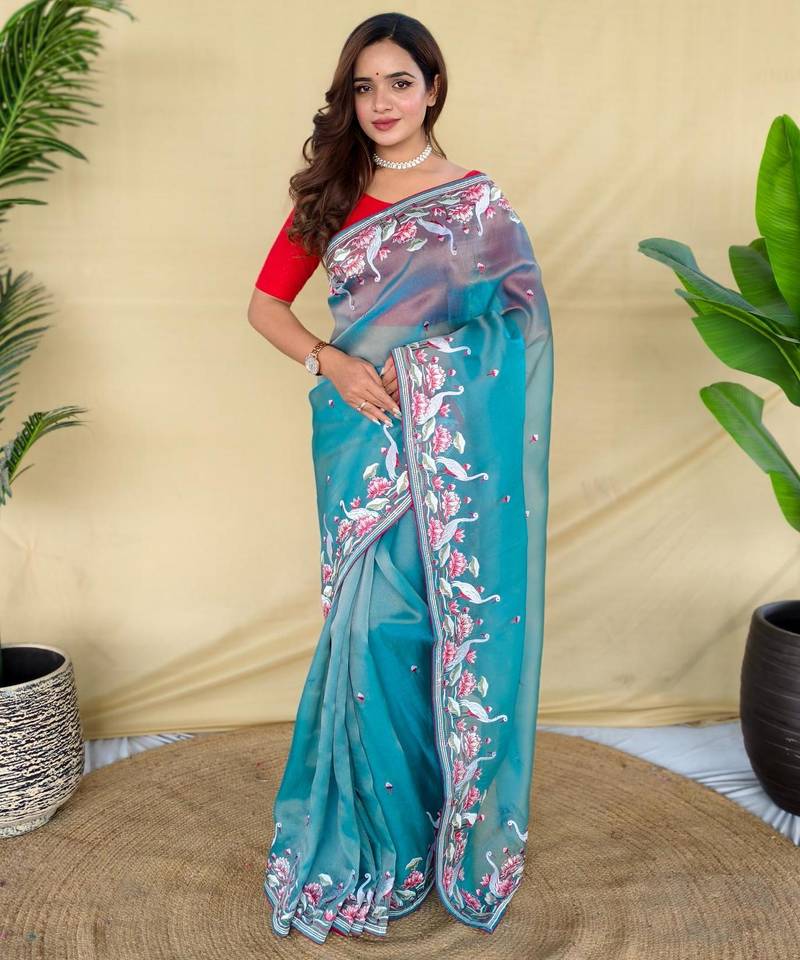 Teal art silk  woven saree