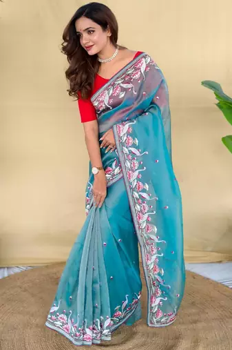 Teal art silk  woven saree