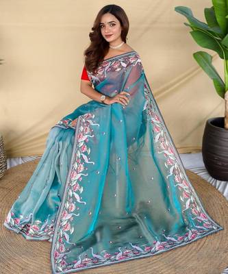 Teal art silk  woven saree 4