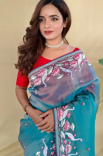 Teal art silk  woven saree