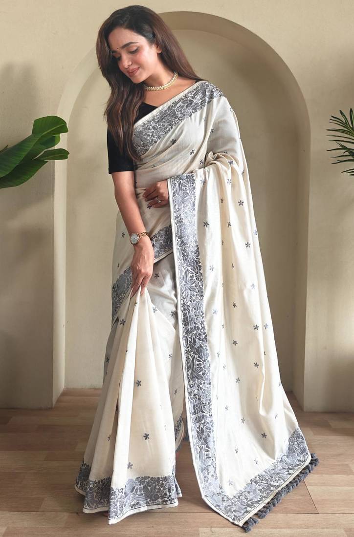 White art silk  woven saree