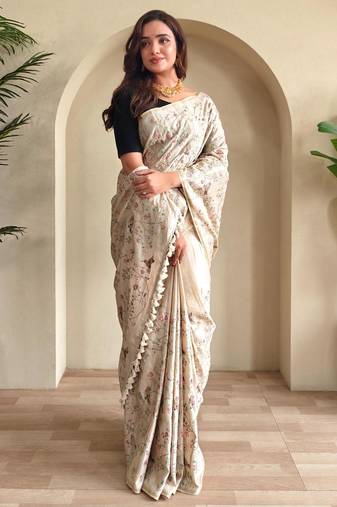 Cream art silk  woven saree