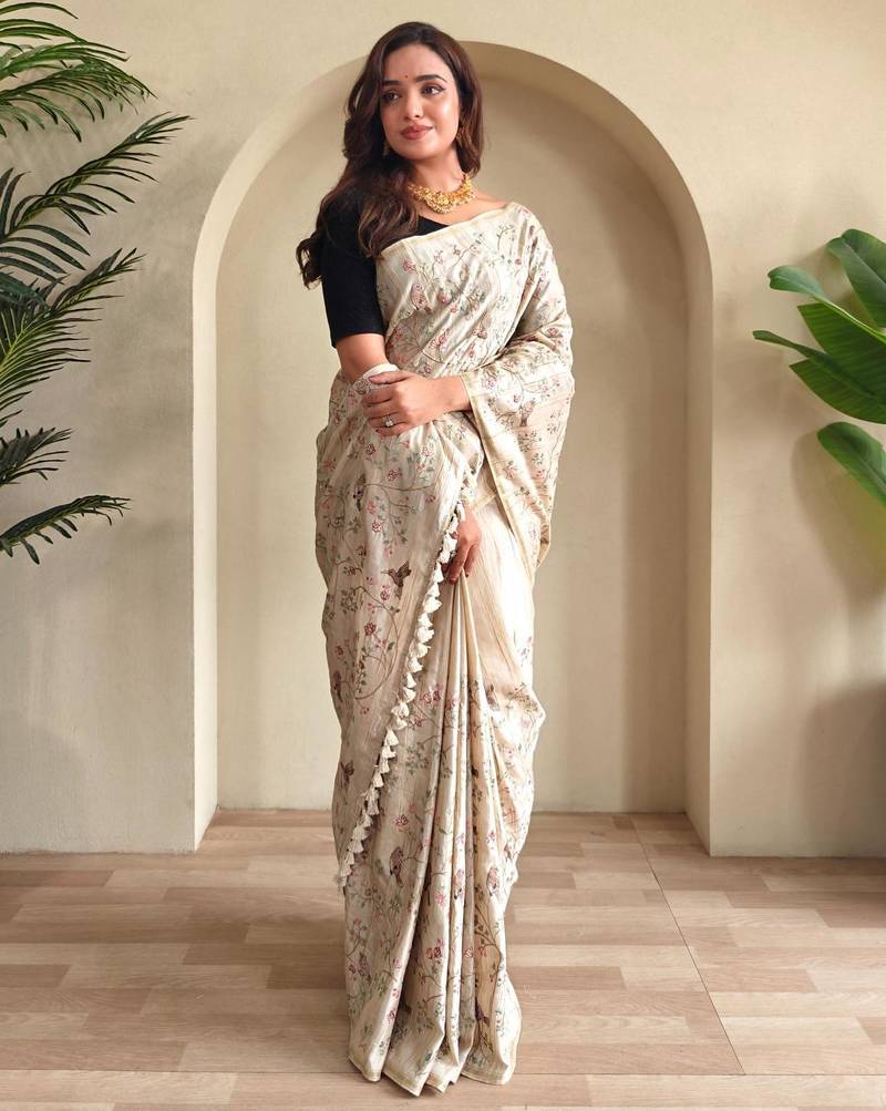 Cream art silk  woven saree