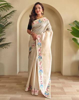 Cream art silk  woven saree 1