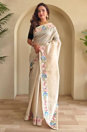 Cream art silk  woven saree