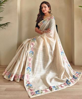 Cream art silk  woven saree 4