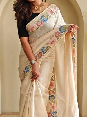 Cream art silk  woven saree 5