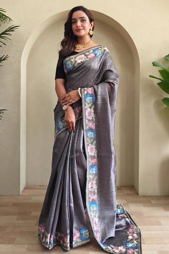 Grey art silk  woven saree