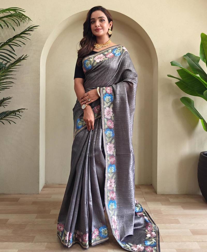 Grey art silk  woven saree