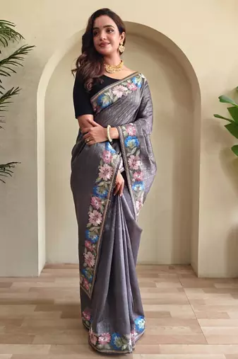 Grey art silk  woven saree