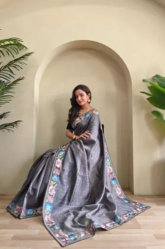 Grey art silk  woven saree