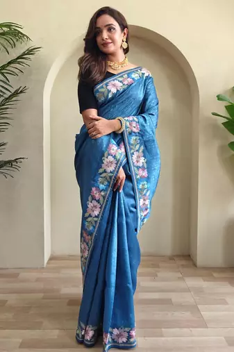 Teal art silk  woven saree