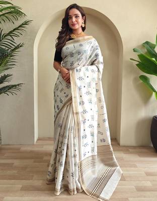 Cream art silk  woven saree 1