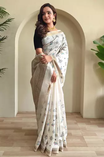 Cream art silk  woven saree