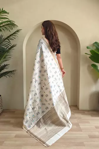 Cream art silk  woven saree