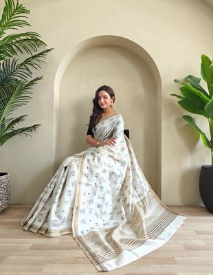 Cream art silk  woven saree 4