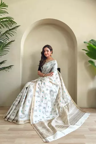 Cream art silk  woven saree