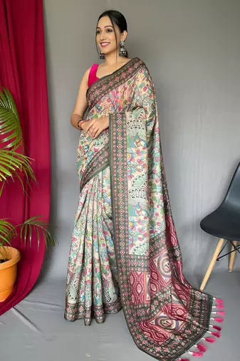 Cream art silk  woven saree