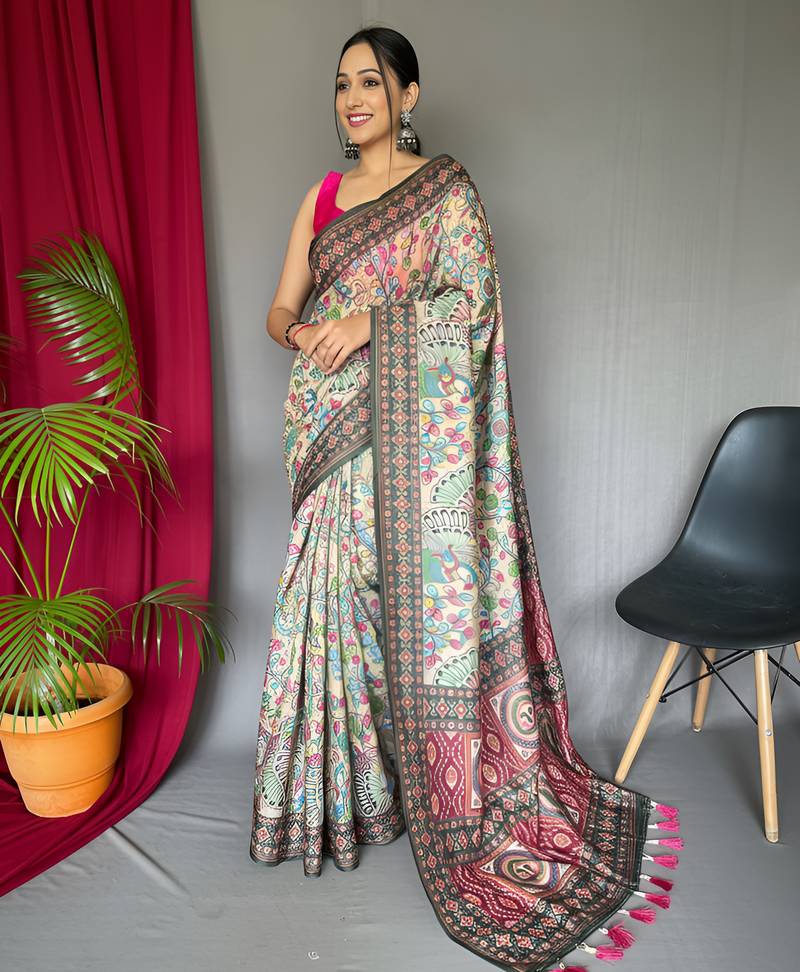 Cream art silk  woven saree