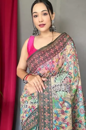 Cream art silk  woven saree