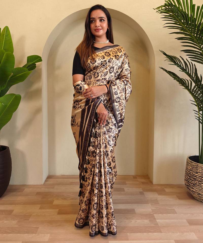 Cream art silk  woven saree