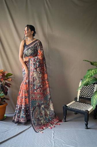 Orange art silk  woven saree