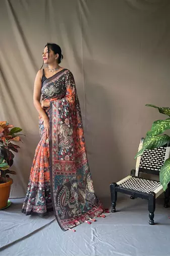 Orange art silk  woven saree