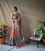 Orange art silk  woven saree