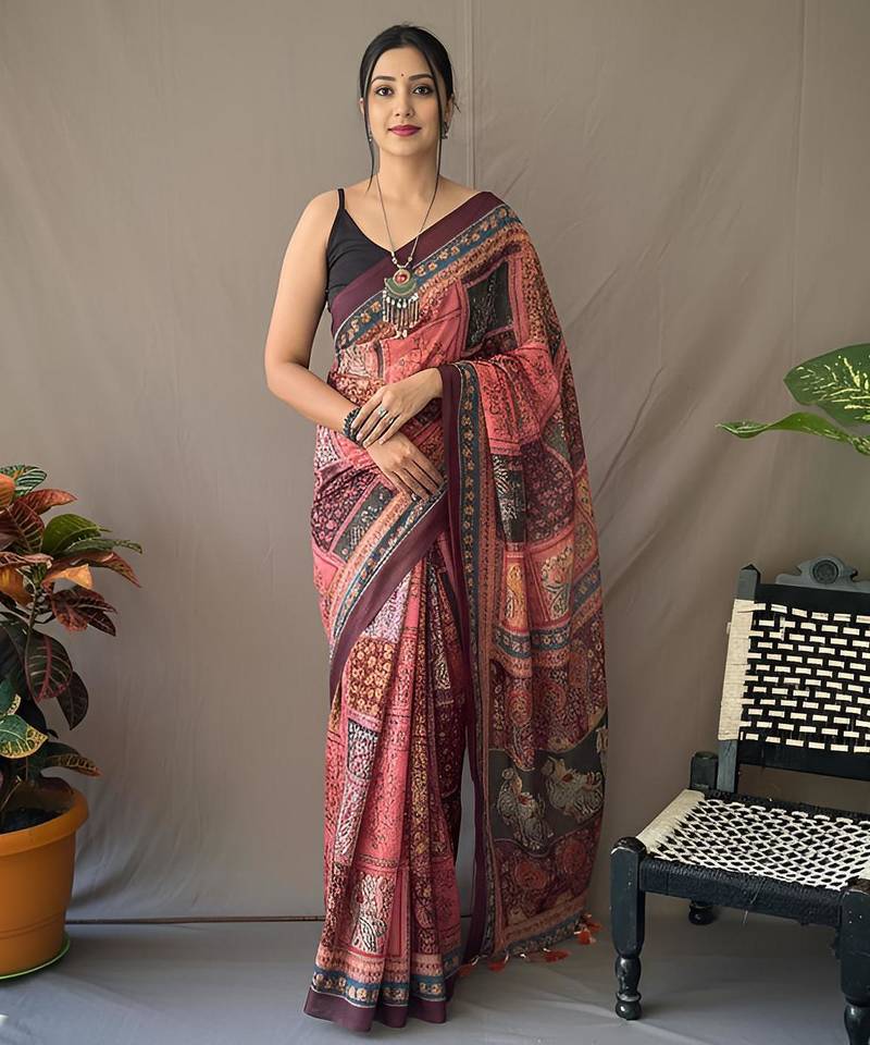 Baby pink art silk  woven saree