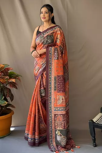 Orange art silk  woven saree