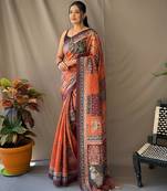 Orange art silk  woven saree