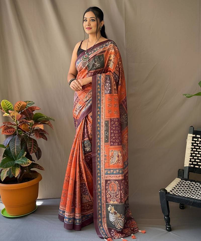 Orange art silk  woven saree