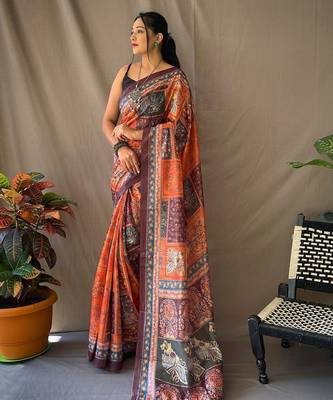 Orange art silk  woven saree 2