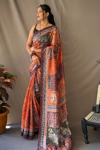 Orange art silk  woven saree