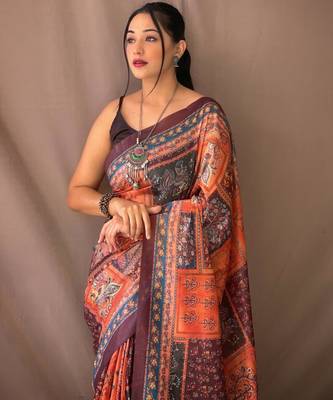 Orange art silk  woven saree 3