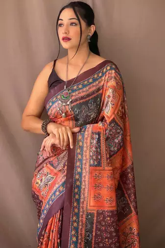 Orange art silk  woven saree