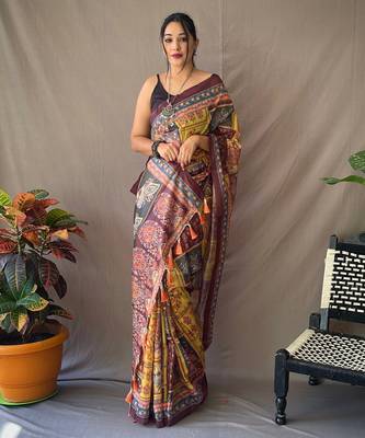 Yellow art silk  woven saree 1